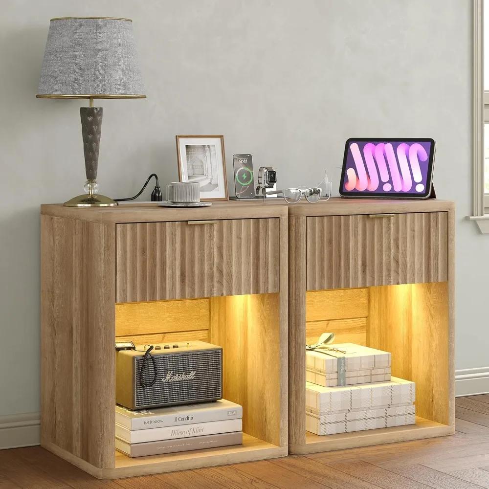 Set of 2 LED Premium Nightstands with Drawer and Charging Ports