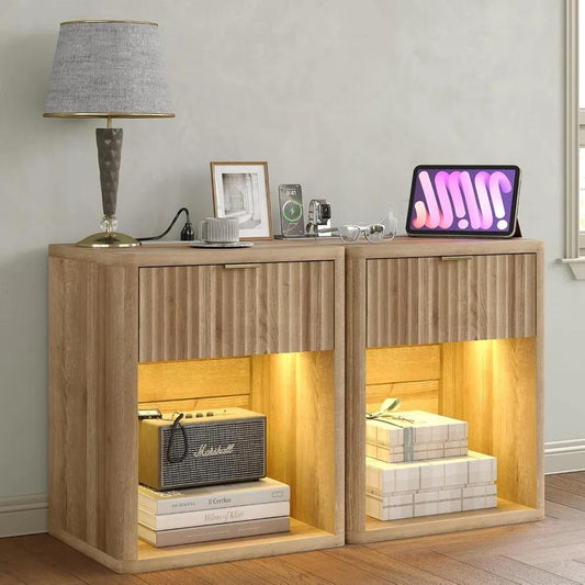 Set of 2 LED Premium Nightstands with Drawer and Charging Ports