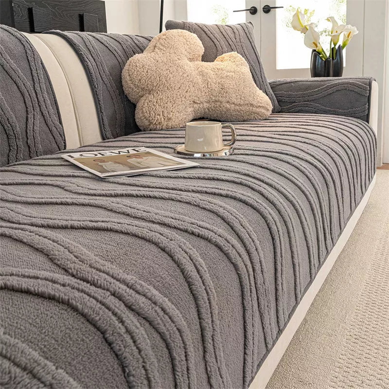 French Striped Plush Winter Sofa Cover – Warm, Non-Slip Couch Cushion Pad