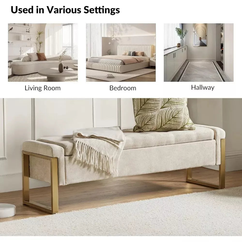 Upholstered Storage Ottoman Bench with Gold Metal Legs for Bedroom & Hallway - DSARD