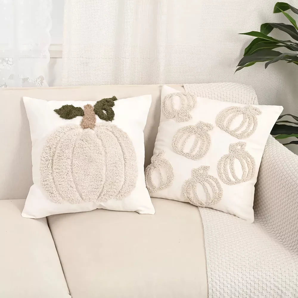 Plush Tufted Pumpkin Embroidered Cotton Pillow Cover 18×18″ – Halloween Decor