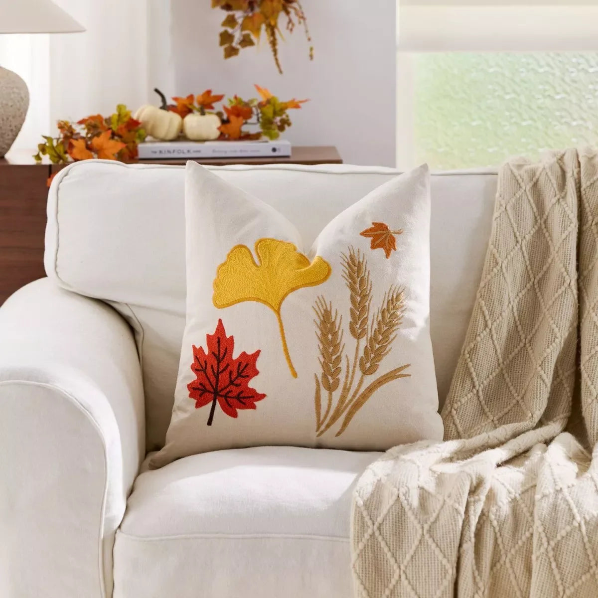 Autumn Harvest Embroidered Pillow Cover 18x18inc – Cozy Fall Home Décor - DSARD