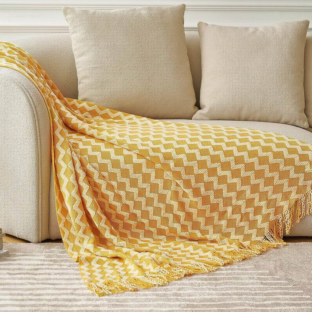 Knitted Zigzag Throw Blanket with Tassels