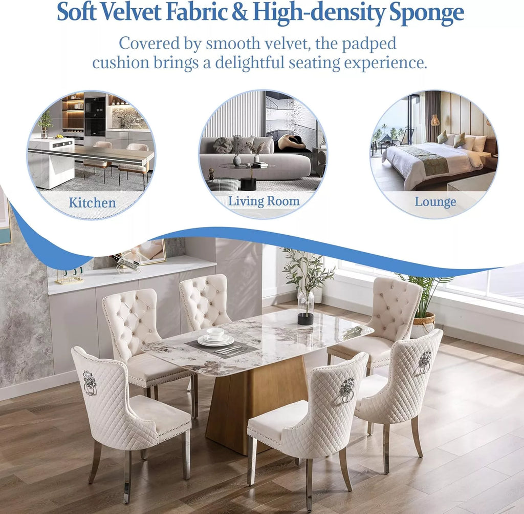 Tufted Upholstered Dining Room Chairs Set of 2 with Nailhead Trim and Lion Pull Ring - DSARD