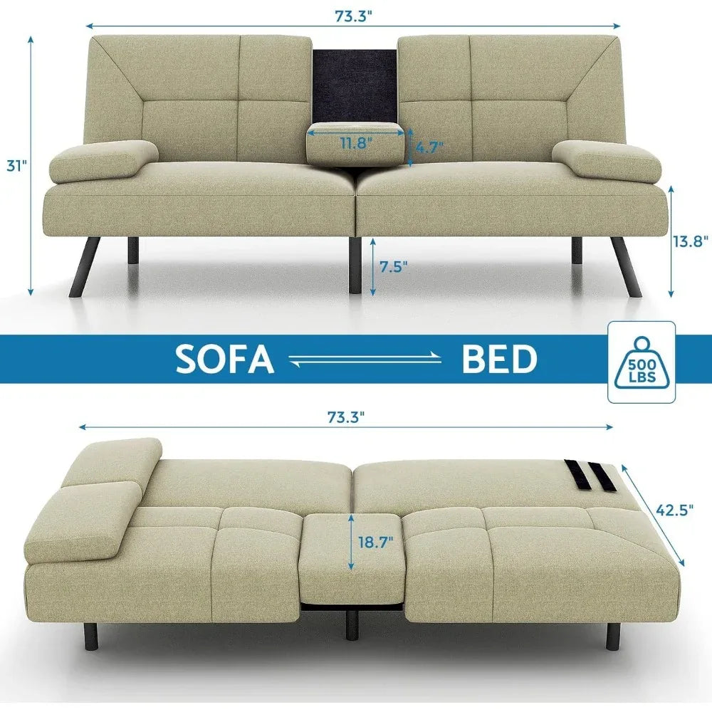 Convertible Linen Fabric Lounge Couch with Cup Holders - DSARD - DSARD