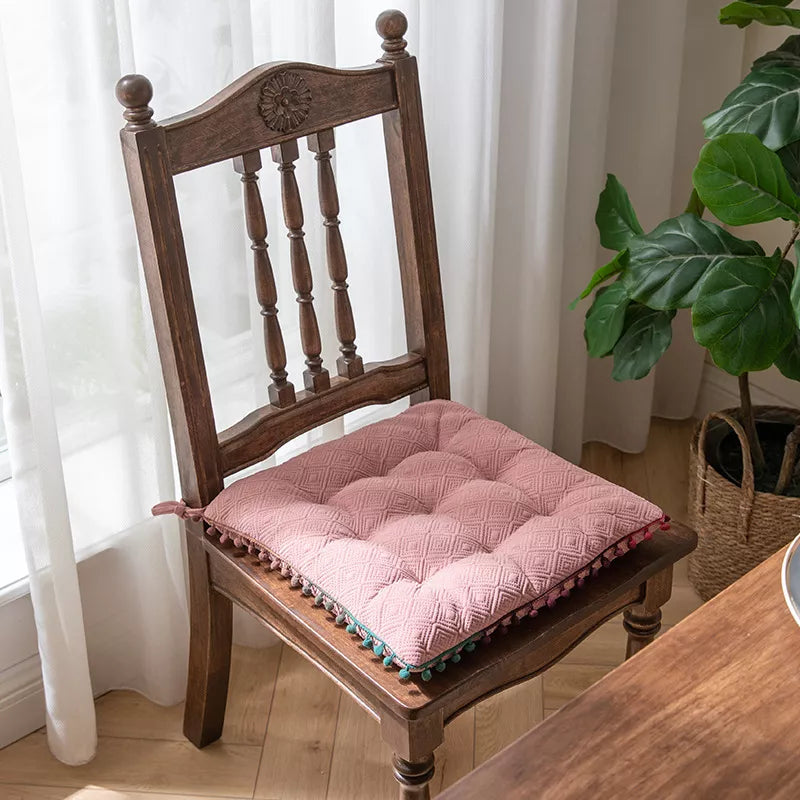 Bohemian Square Pompom Chair Cushion with Ties – Soft Decorative Floor Pillow