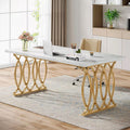 Modern Executive Desk with Faux Marble Top, 63″ Large Office Table in White Gold - DSARD