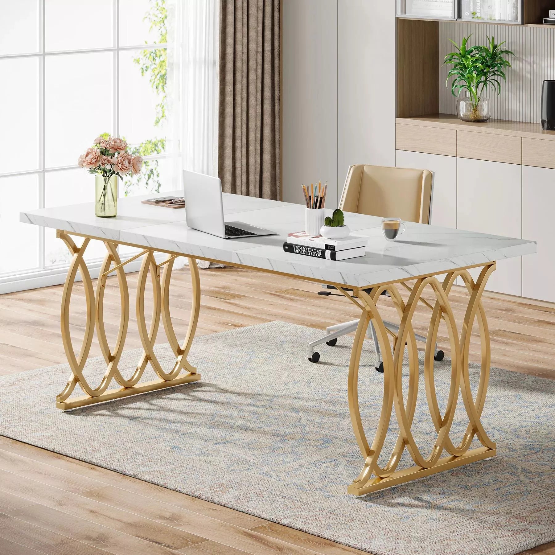 Modern Executive Desk with Faux Marble Top, 63″ Large Office Table in White Gold - DSARD