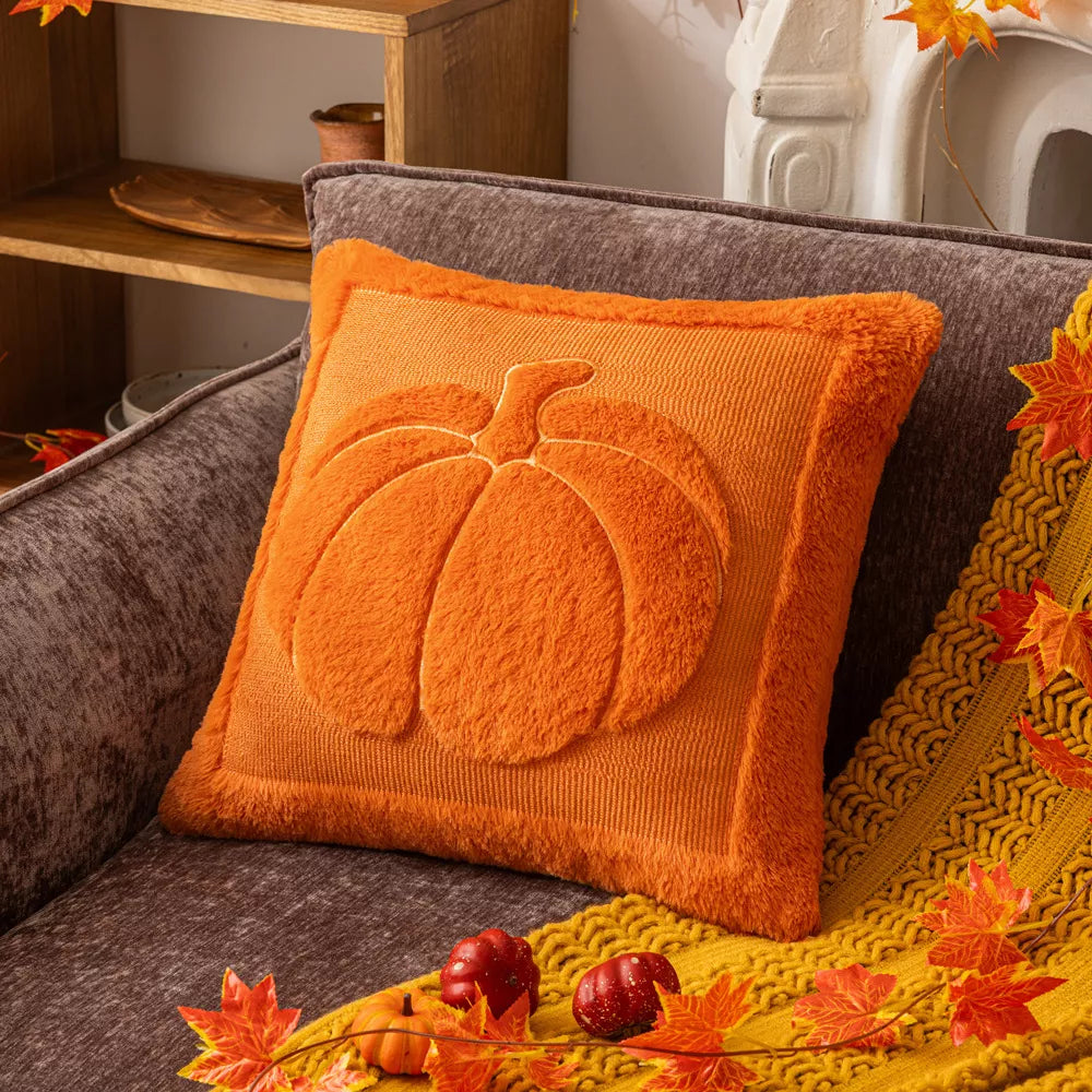 Plush Pumpkin Leaf Cushion Cover – Autumn Faux Fur Pillow Case 18×18 Inc