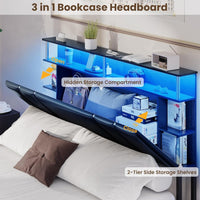 Queen Bed Frame with Storage, Bookcase Headboard, Charging Station & LED Lights - DSARD