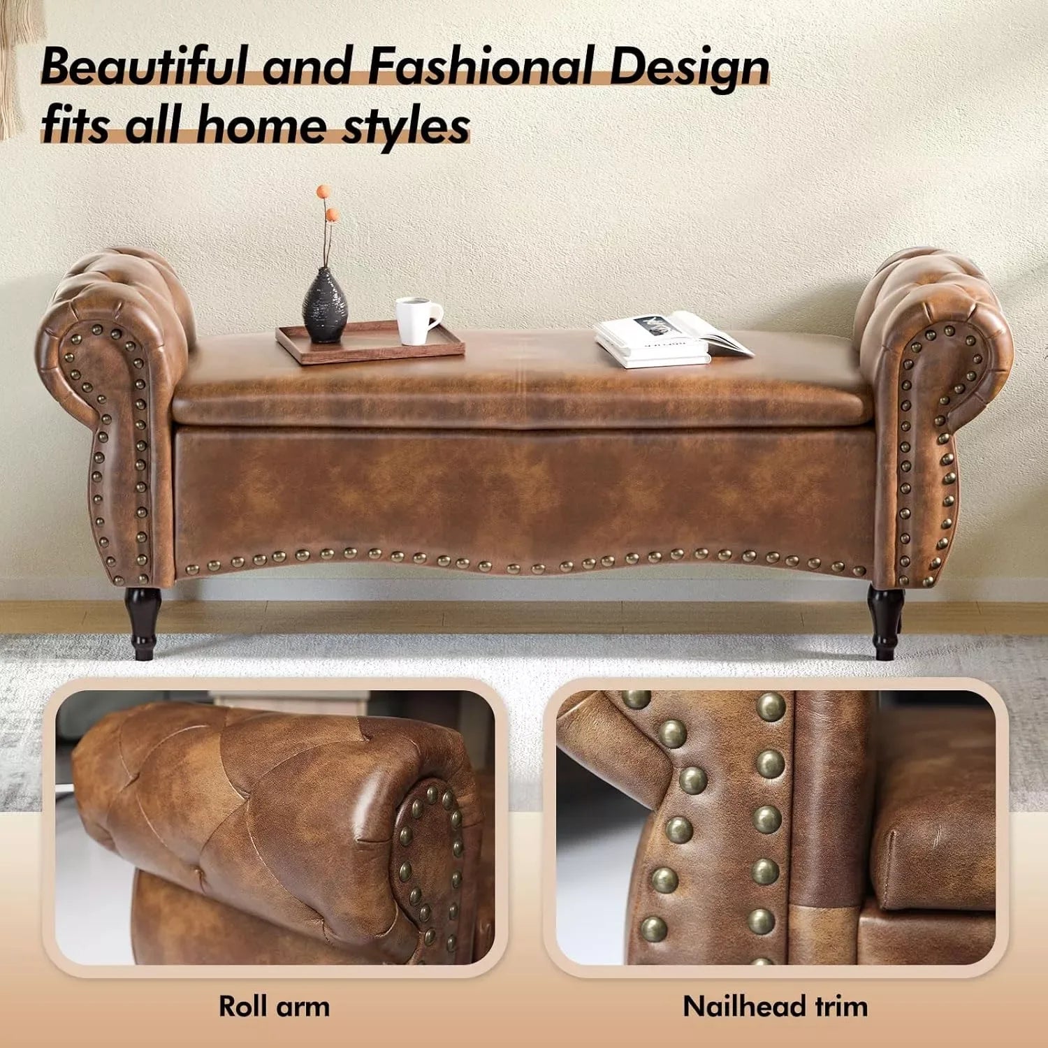 53″ Tufted Storage Ottoman Bench with Arms and Nailhead Trim for Bedroom - DSARD - DSARD