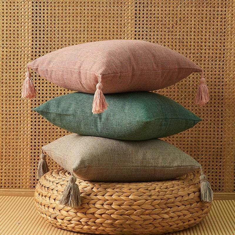 Set of 2 Rustic Linen Throw Pillow Covers with Tassels