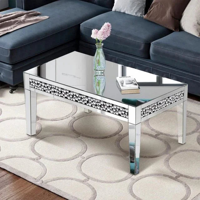 Rectangular Mirror Coffee Table with Crystal Inlay – Luxury Glam