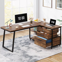 Industrial L-Shaped Computer Desk with Drawers and Shelves, 53 Inch Corner Desk - DSARD