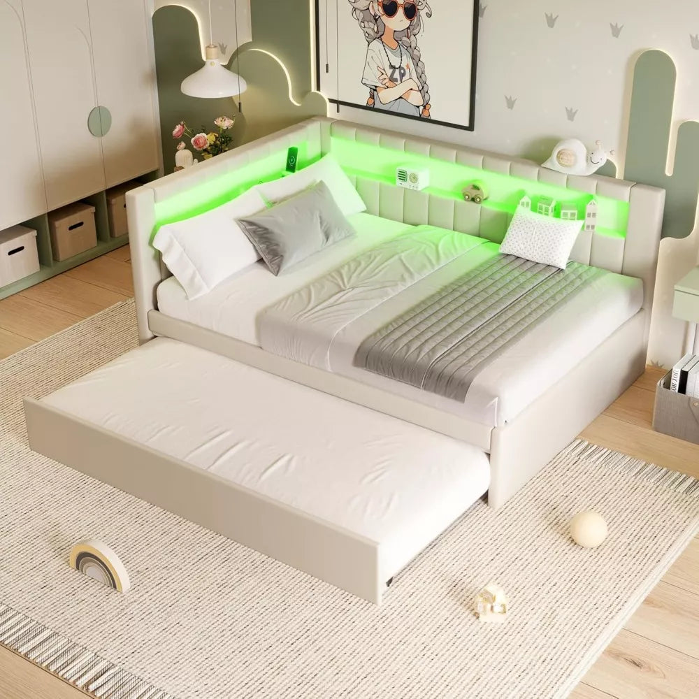 Full Size Soft Daybed with Trundle, Storage Shelves and LED Belt - DSARD