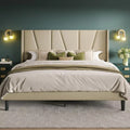 Queen Platform Bed with Geometric Wingback Headboard & Wood Slats