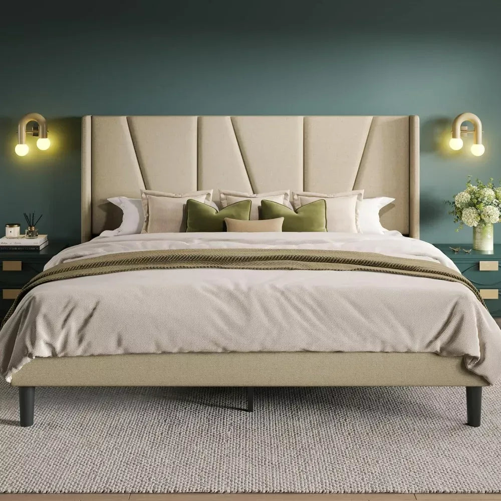 Queen Platform Bed with Geometric Wingback Headboard & Wood Slats