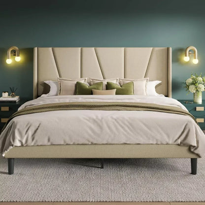 Queen Size Platform Bed with Geometric Wingback Headboard and Wooden Slats Support - DSARD
