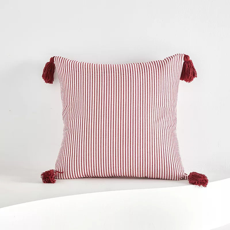 Red and White Striped Pillow Cover with Tassel Fringe 18×18 Inch Cotton Blend