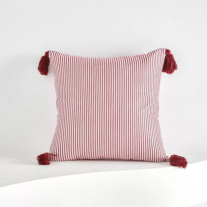 Red and White Striped Pillow Cover with Tassel Fringe 18×18 Inch Cotton Blend