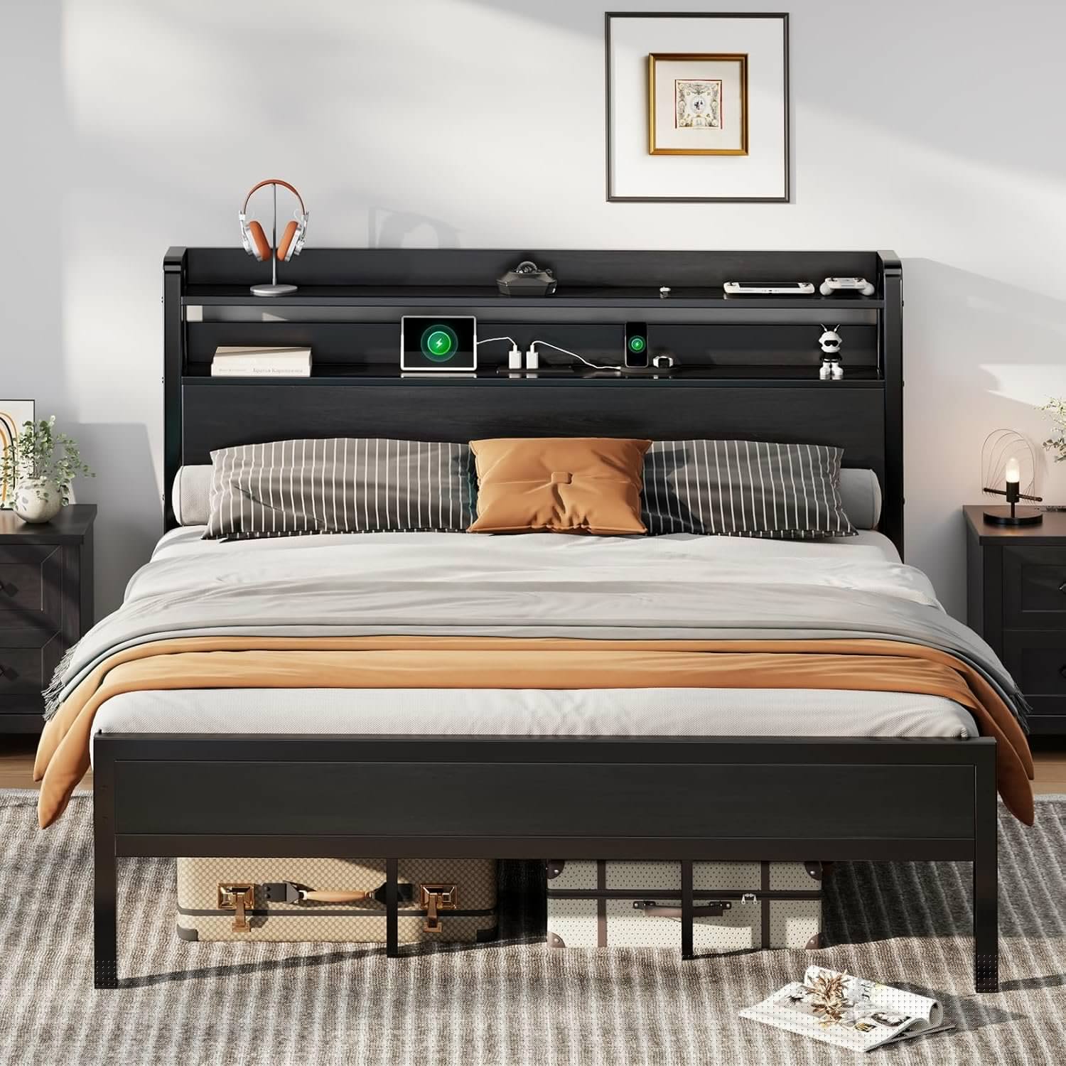 King Platform Bed with Galaxy Projector & Charging Headboard