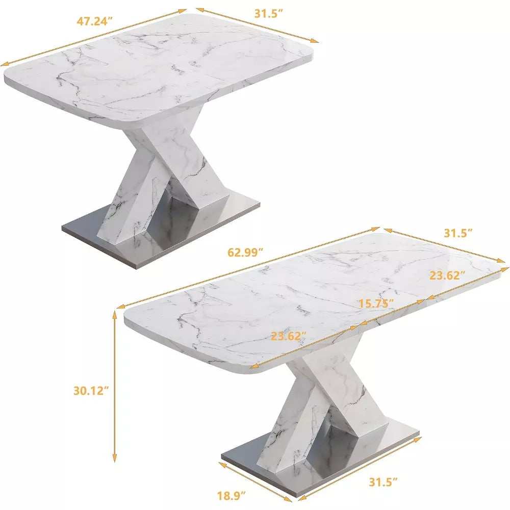 Modern Extendable Dining Table with Faux Marble Top & X-Base, Seats 4-6 - DSARD