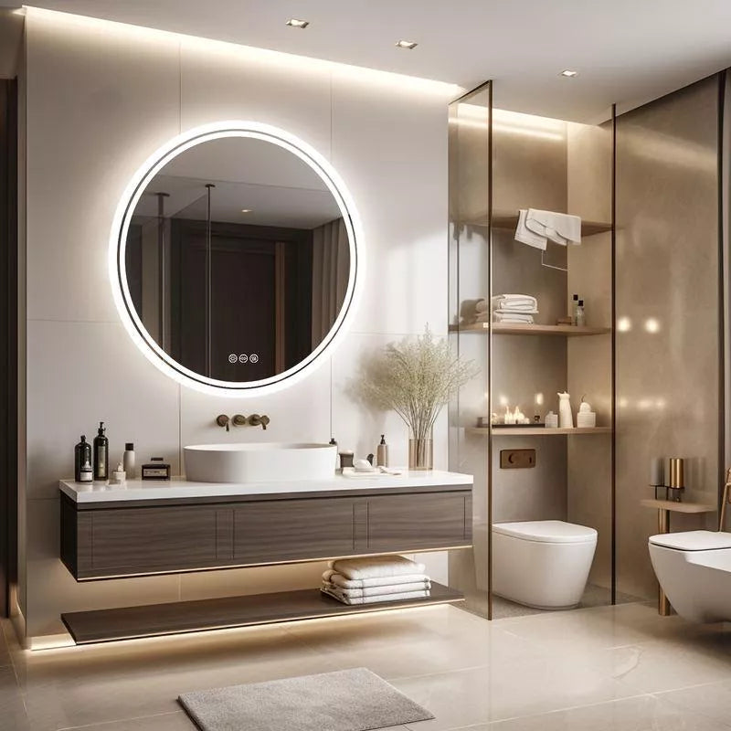 Round LED Bathroom Mirror with Dimmable Anti-Fog Lighting