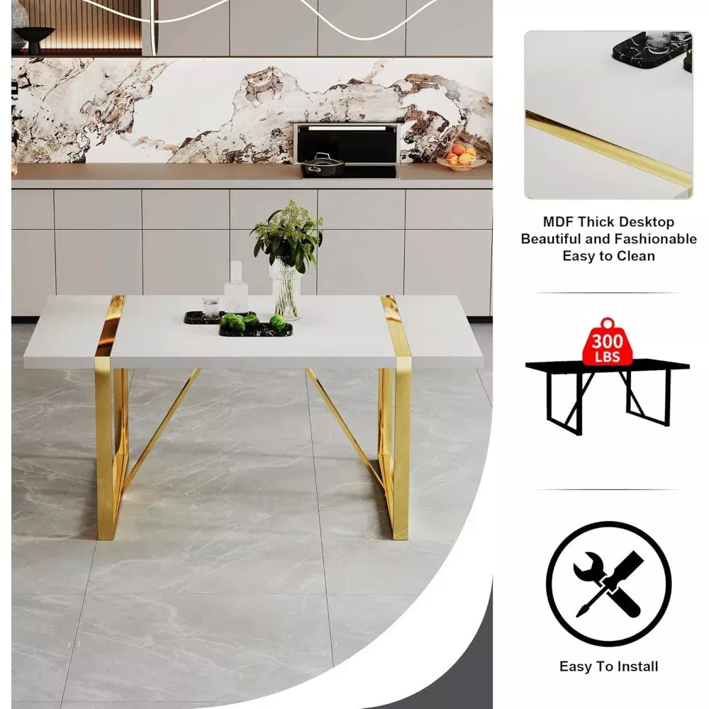 White Modern Dining Table 71″ for 6-8, MDF Top with Gold Stainless Steel Legs - DSARD