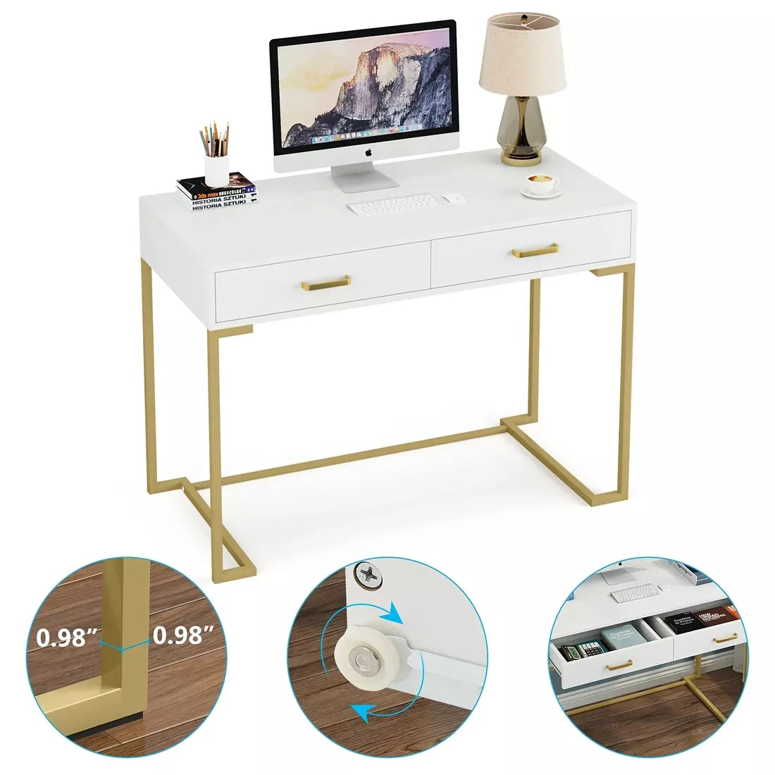 Modern White and Gold Vanity Desk with 2 Drawers - DSARD