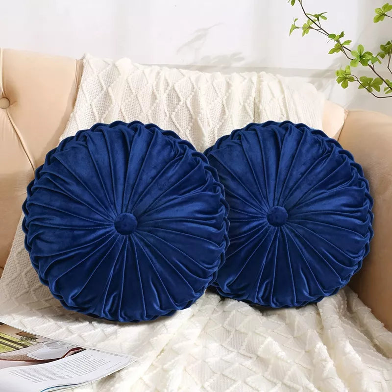 Set of 2 Velvet Round Pumpkin Cushions – Handcrafted Pleated Decorative Pillows