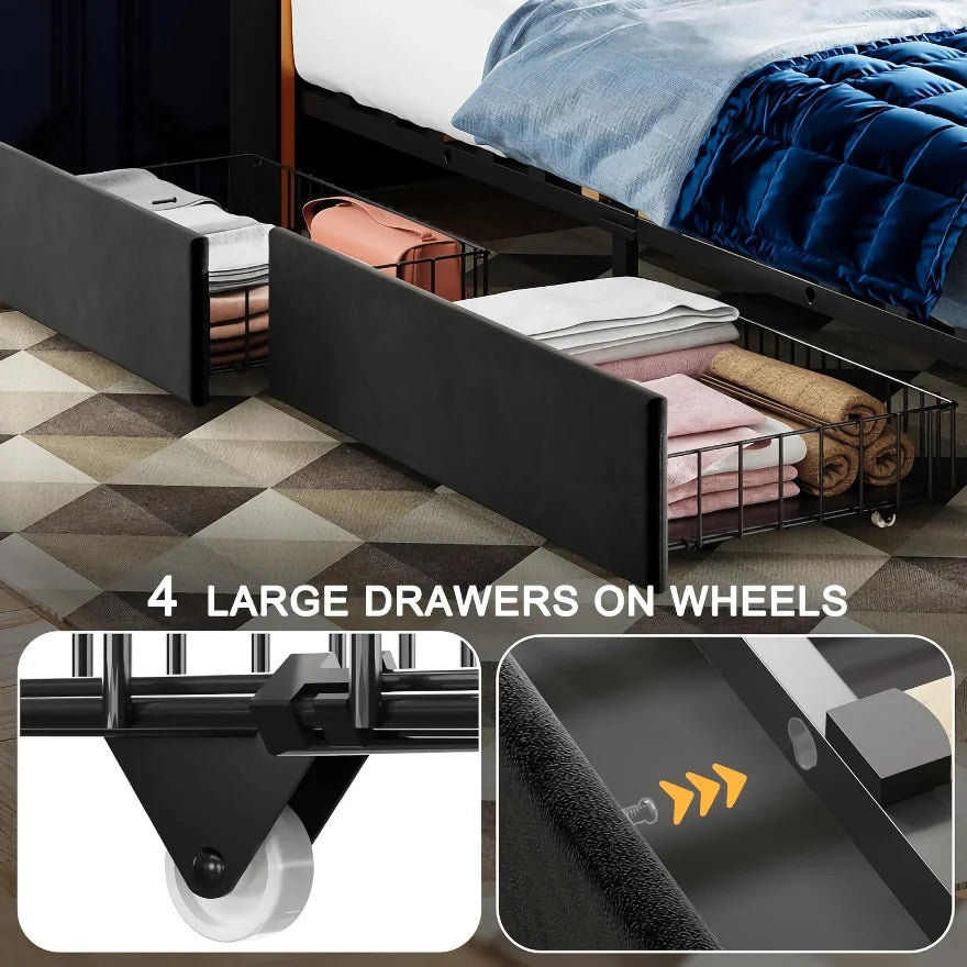 Upholstered Bed Frame with Charging Station and Storage Drawers - DSARD