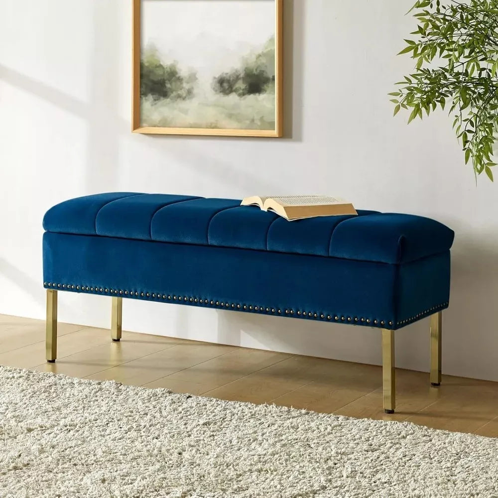 Velvet Flip-Top Storage Ottoman Bench with Nailhead Trim for Bedroom or Entryway - DSARD
