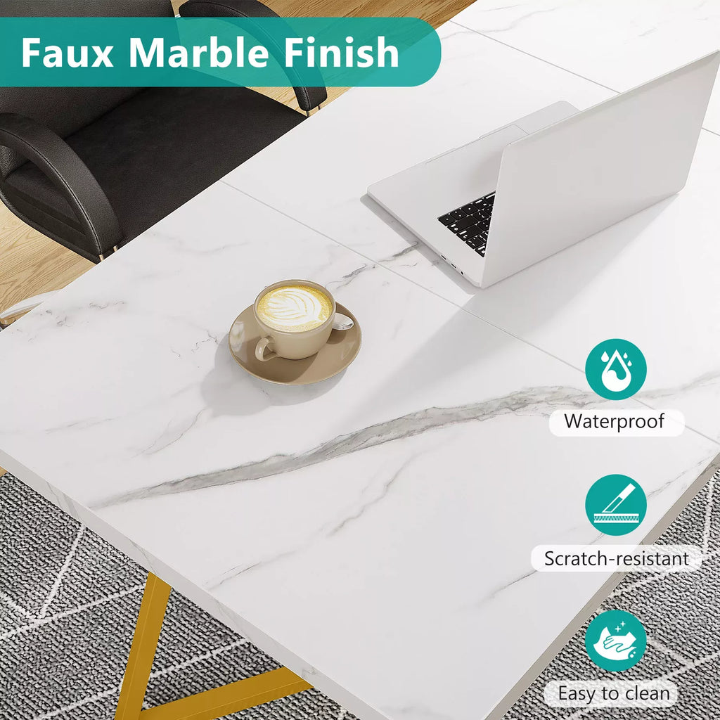 Modern White Faux Marble Dining Table with Gold Legs - DSARD