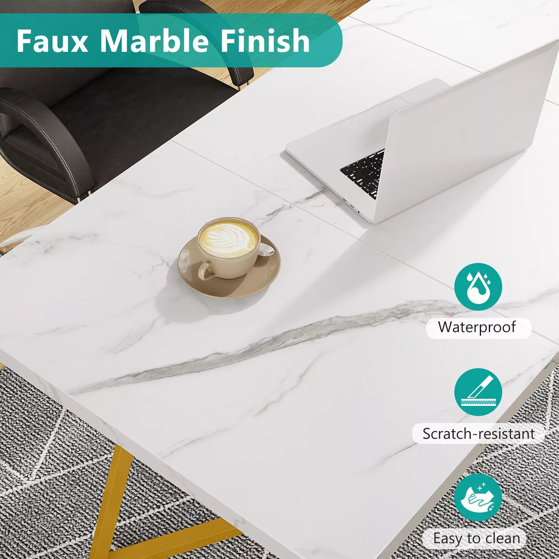 Modern White Faux Marble Dining Table with Gold Legs - DSARD
