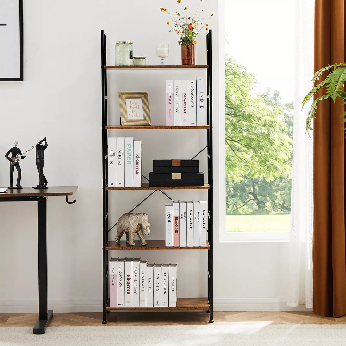5 Tier Modern Bookshelf - Space-Saving Corner Storage Organizer for Home & Office