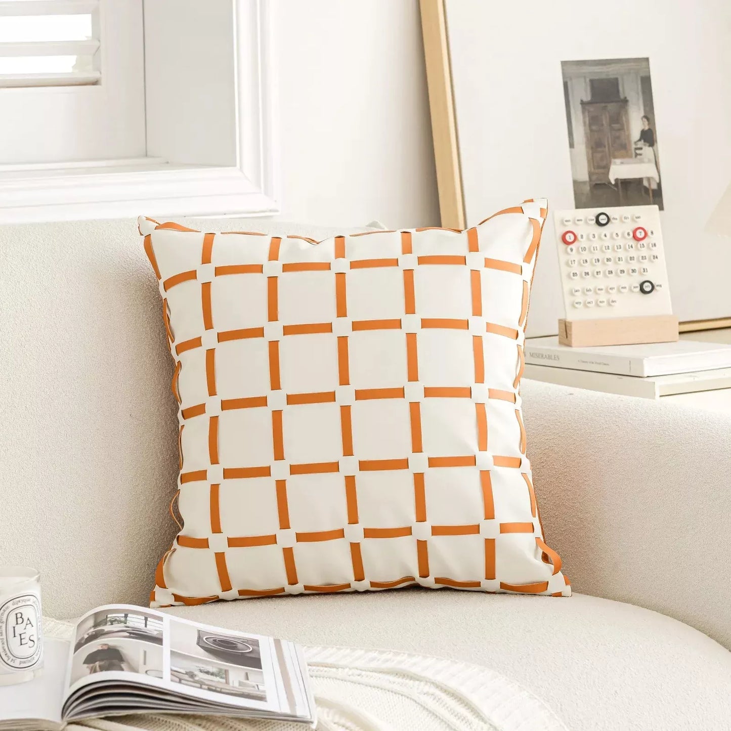 Luxury Leather Grid Throw Pillow Cover 18×18 Inch – Nordic Decorative Cushion