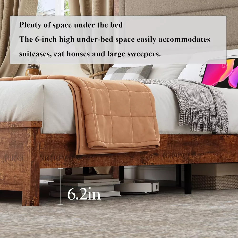 Queen Bed Frame with Tall Linen Headboard, LED Light & Charging Station - DSARD