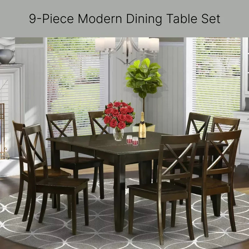 9-Piece Modern Dining Table Set with Butterfly Leaf and 8 Wooden Dining Chairs - DSARD - DSARD