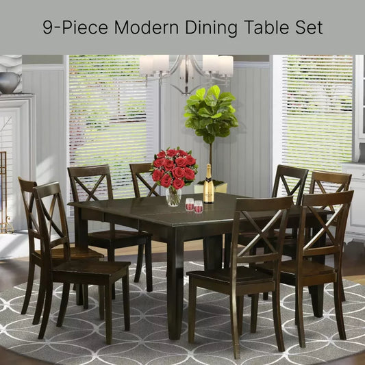 9-Piece Modern Dining Table Set with Butterfly Leaf and 8 Wooden Dining Chairs - DSARD