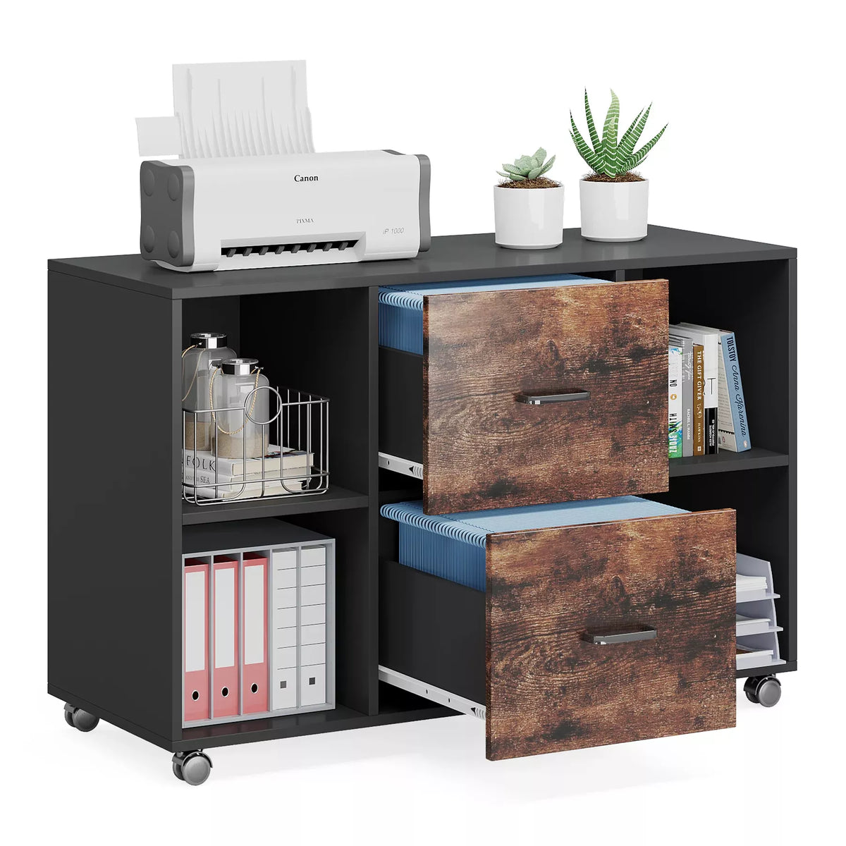 2-Drawer Wooden Filing Cabinet with Printer Stand & Rolling Wheels - DSARD