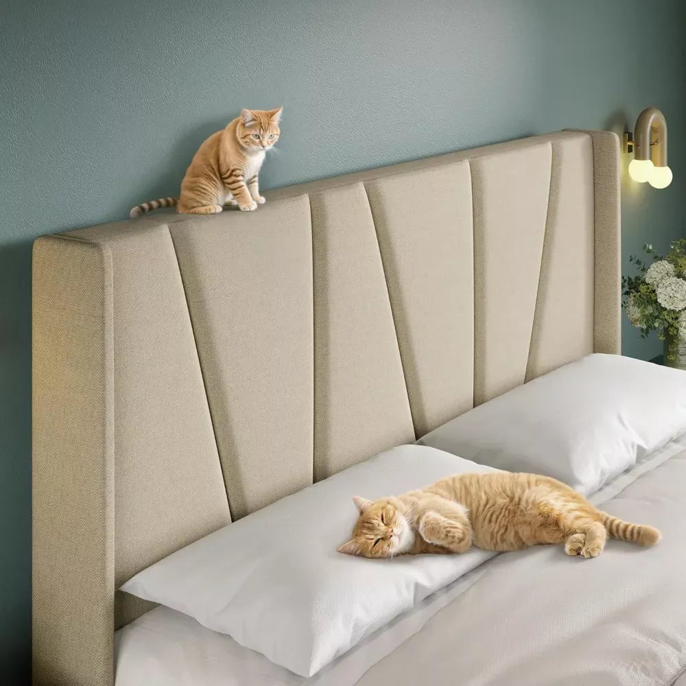 Queen Platform Bed with Geometric Wingback Headboard & Wood Slats