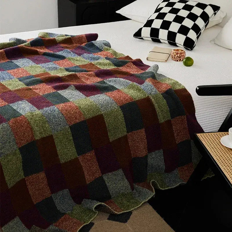 Cozy Retro Knitted Check Blanket – Soft Warm Bed & Sofa Throw - DSARD