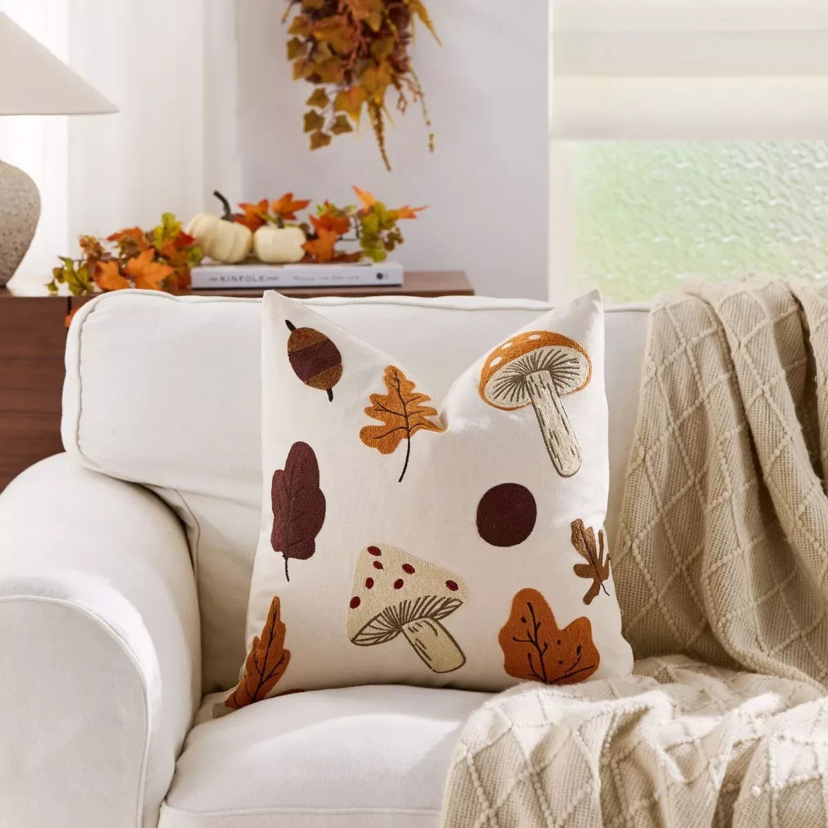 Autumn Harvest Embroidered Pillow Cover 18x18inc – Cozy Fall Home Décor - DSARD