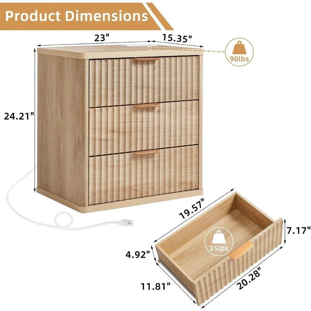 23" Wide Fluted Farmhouse Premium Nightstands with Charging Station, Set of 2 - DSARD