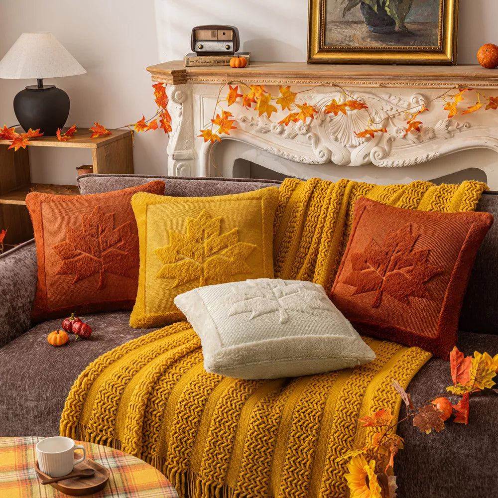 Plush Pumpkin Leaf Cushion Cover – Autumn Faux Fur Pillow Case 18×18 Inc