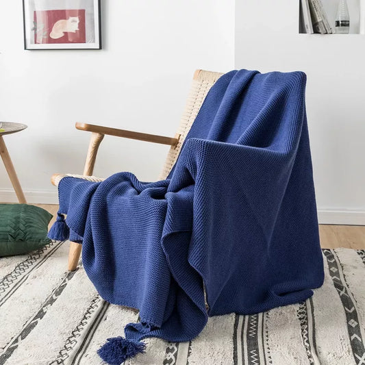 Soft Royal Blue Knit Throw Blanket with Tassels