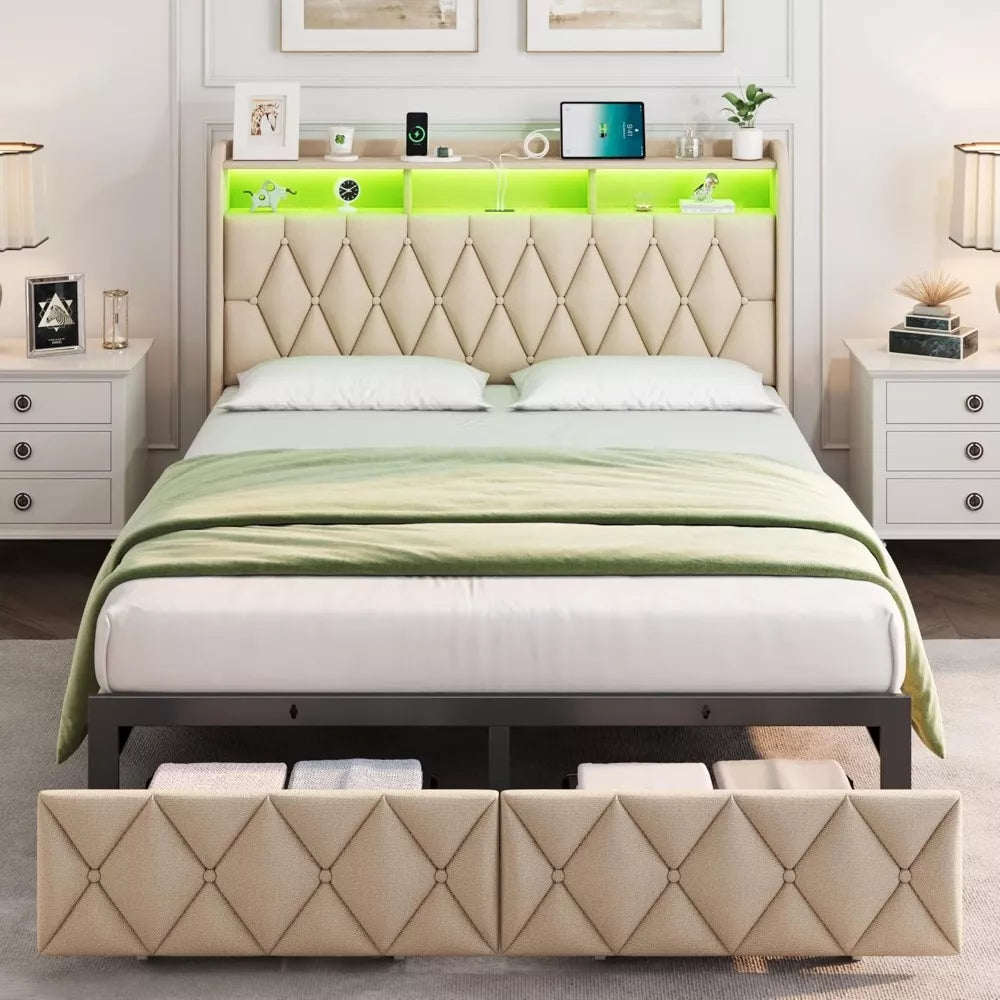 Queen Upholstered Bed with Storage Drawers, LED Headboard & Charging