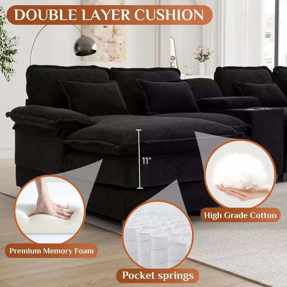 U-Shaped Cloud Sectional Sofa, 124″ Chenille Modular Couch with Storage & USB - DSARD
