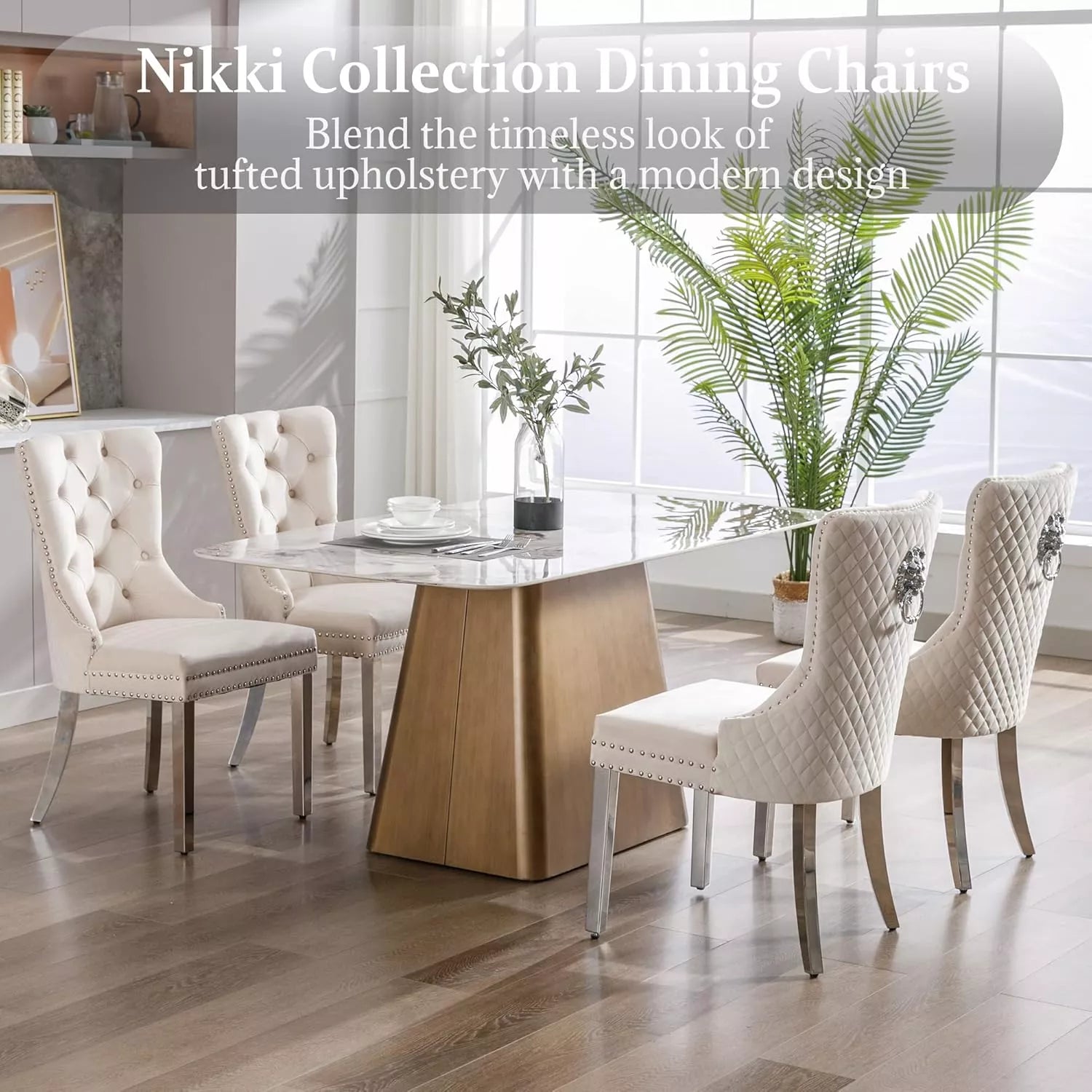Tufted Upholstered Dining Room Chairs Set of 2 with Nailhead Trim and Lion Pull Ring - DSARD