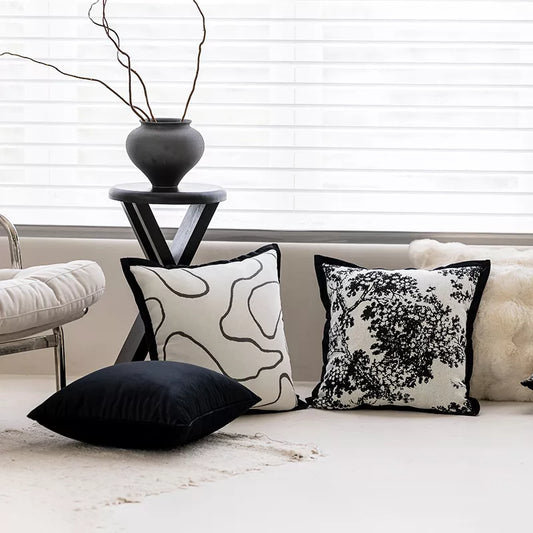 Modern Geometric Black and White Chenille Cushion Cover